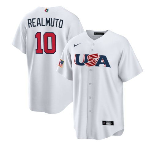 Men's USA Baseball #10 J.T. Realmuto 2023 White World Baseball Classic Stitched Jersey
